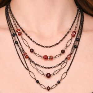 Layered Gunmetal Chain Necklace & Matching Earrings Set|Red Crystal Beads|Boho